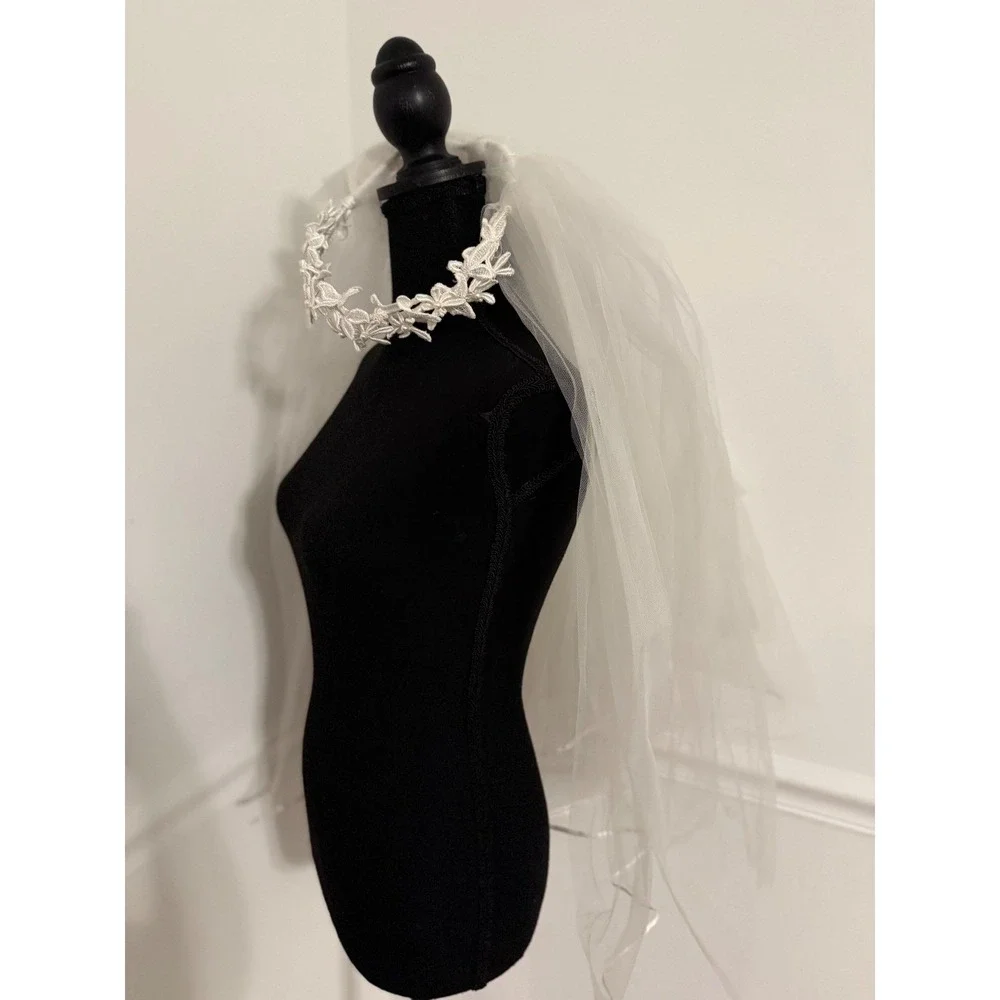 White Wedding short Veil Bridal Crown Flower Lace Tulle Romantic Bride 28